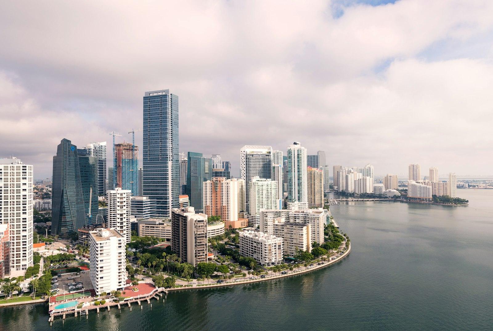 Aerial view of a waterfront skyline