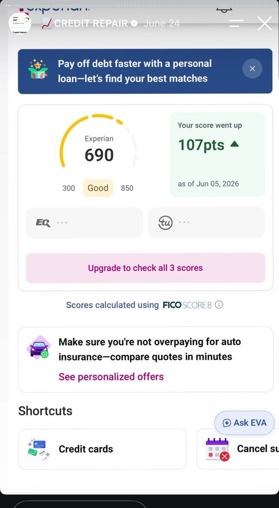 Experian score 690, up 107 points