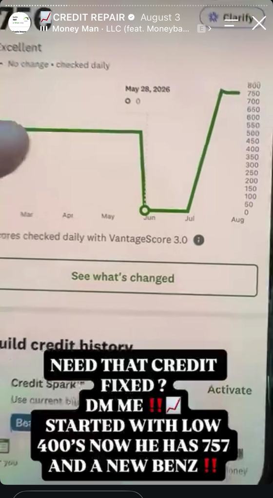 VantageScore from low 400s to 757