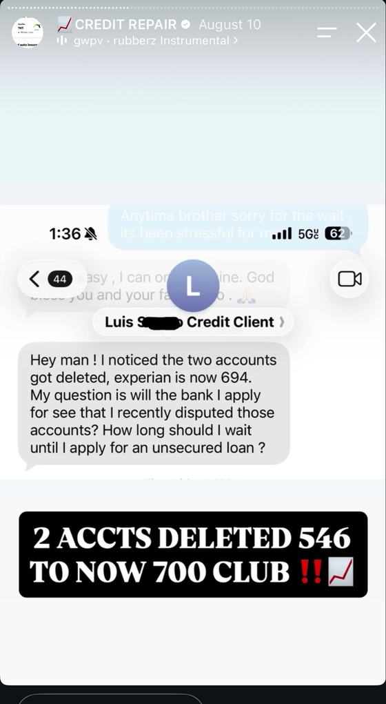 Luis, two accounts deleted, Experian 546 to 694