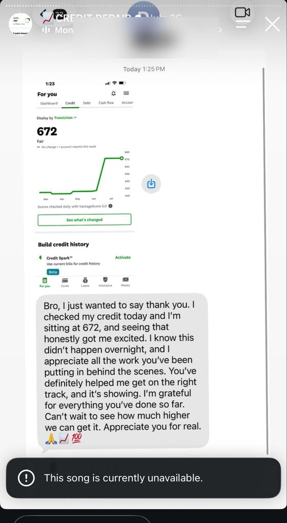 Client thank-you text at a 672 score